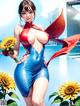 A woman in a blue and red bathing suit holding a sunflower.