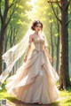 A woman in a wedding dress walking through a forest.